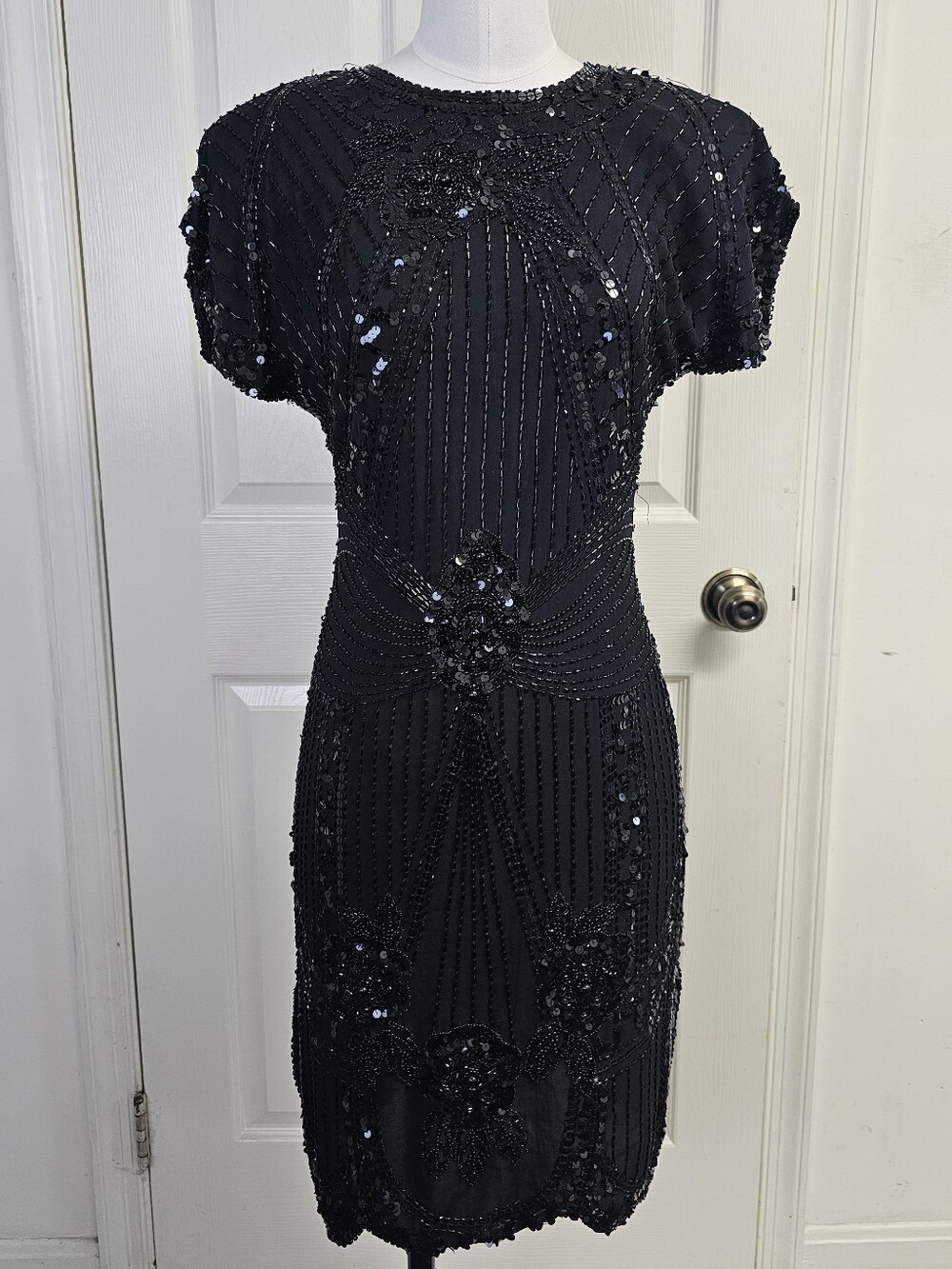 Vintage 80s Black Beaded Silk Cocktail Dress Keyhole Back - Small (Read Desc)